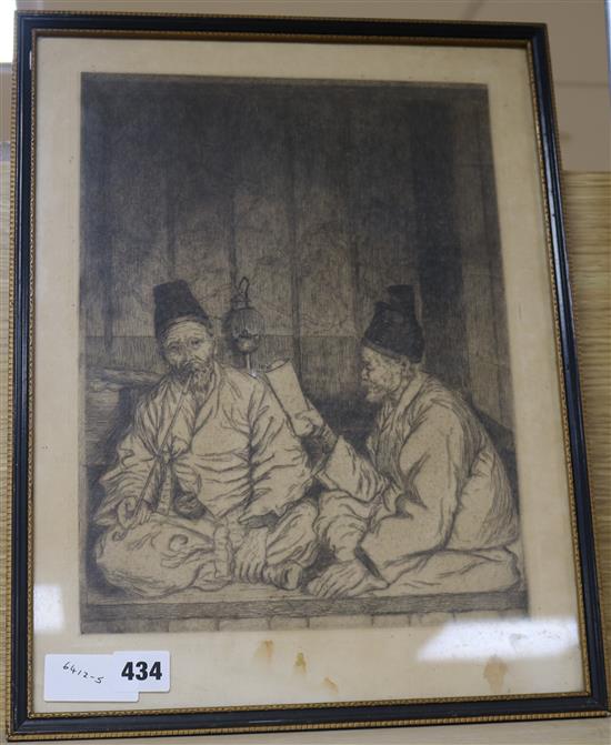 Elizabeth Keith (1887-1956) dry point etching, Korean interior with two figures, signed in pencil, 34 x 25cm